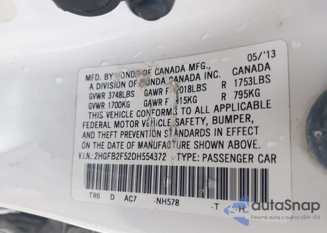 2013 Honda Civic Lx из США, поврежденный, VIN 2HGFB2F52DH554372